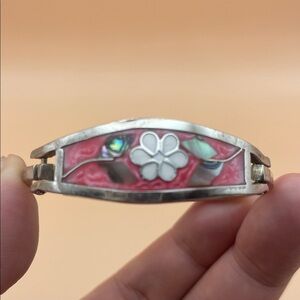 Silver and Pink Abalone Inlay Floral Mexico Bracelet M68